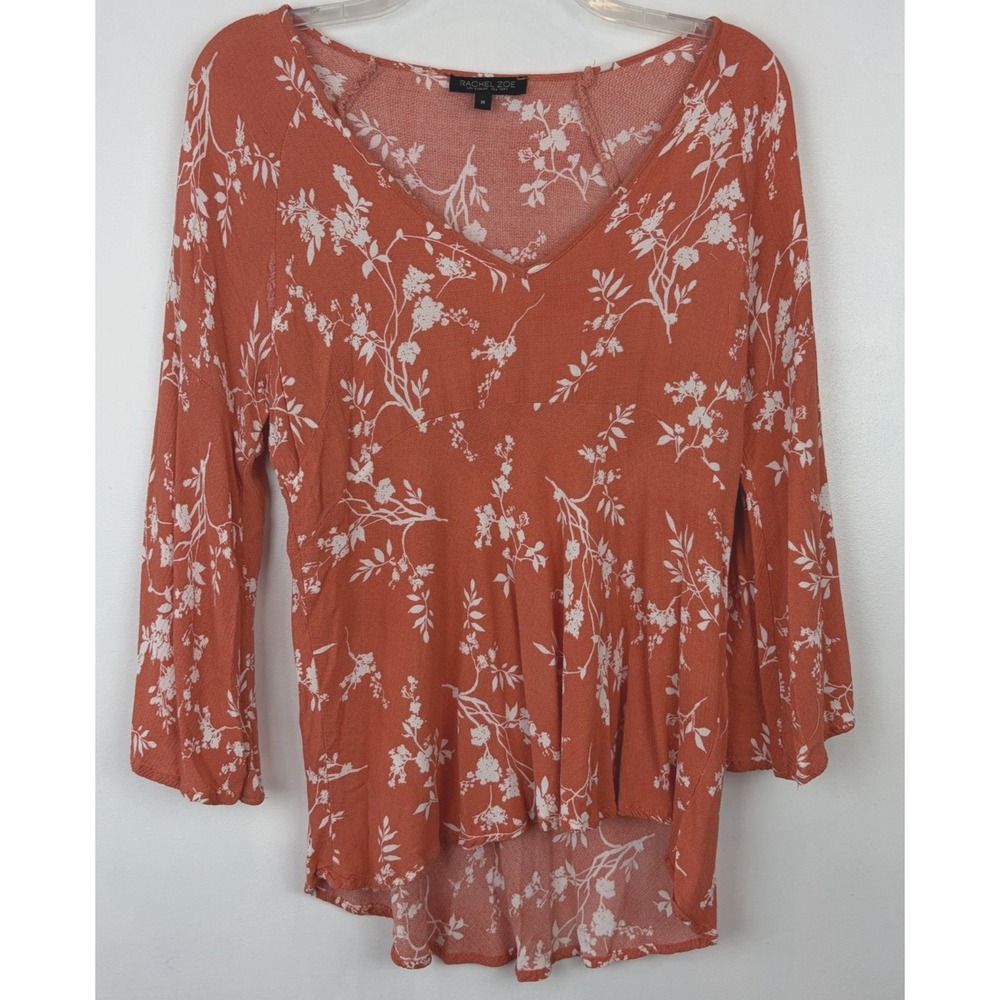Rachel Zoe Peasant Top Womens Medium Blouse Orange Floral Shirt Boho Flowy